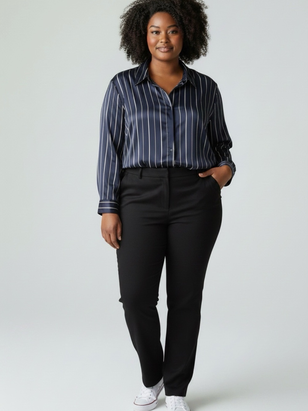 Lane Bryant Navy and White Vertical Stripe Button-Down Shirt